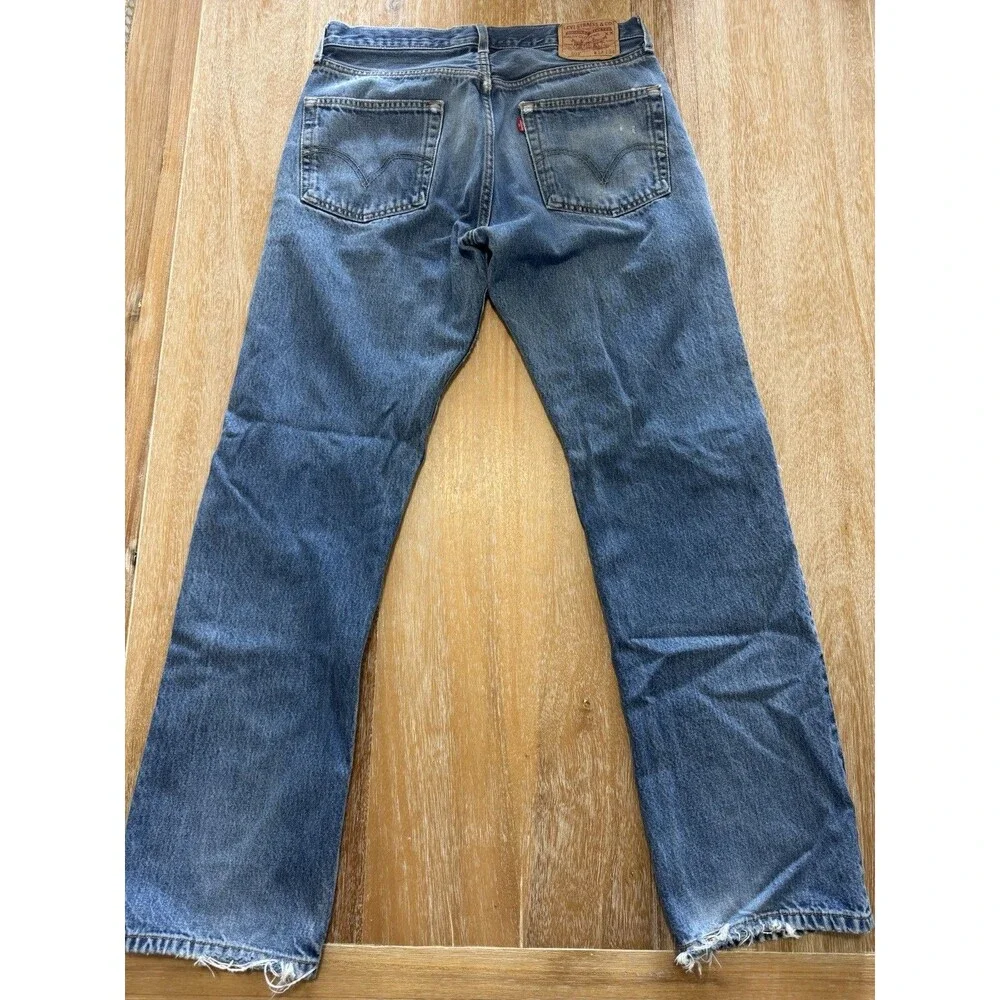Levis 501 Original Fit Jean Mens 34x34 Thrash Distressed Shred Blue Y2K (32x33)